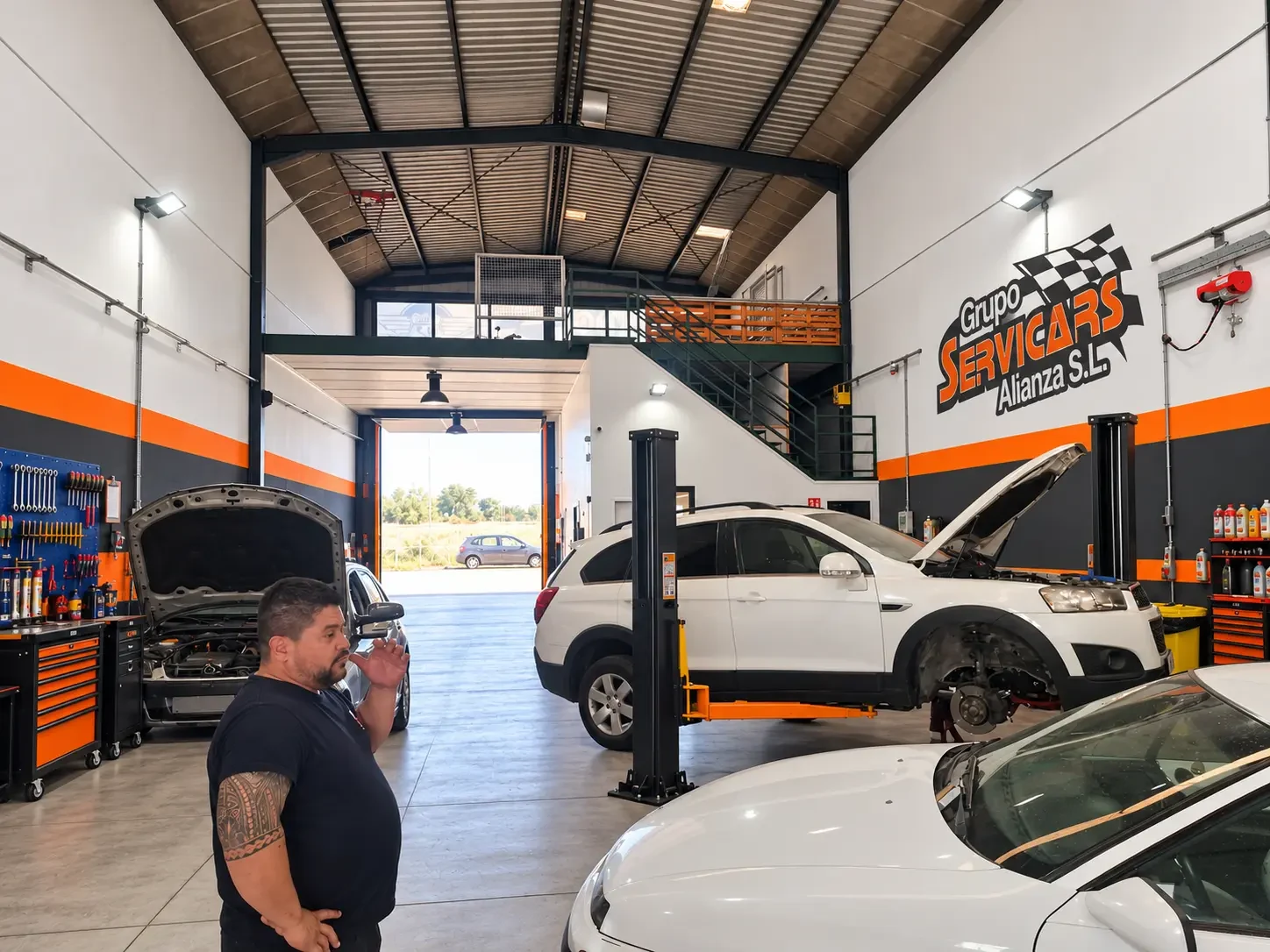 Vista general del taller SERVICARS con mecánico, elevadores y vehículos junto a la entrada