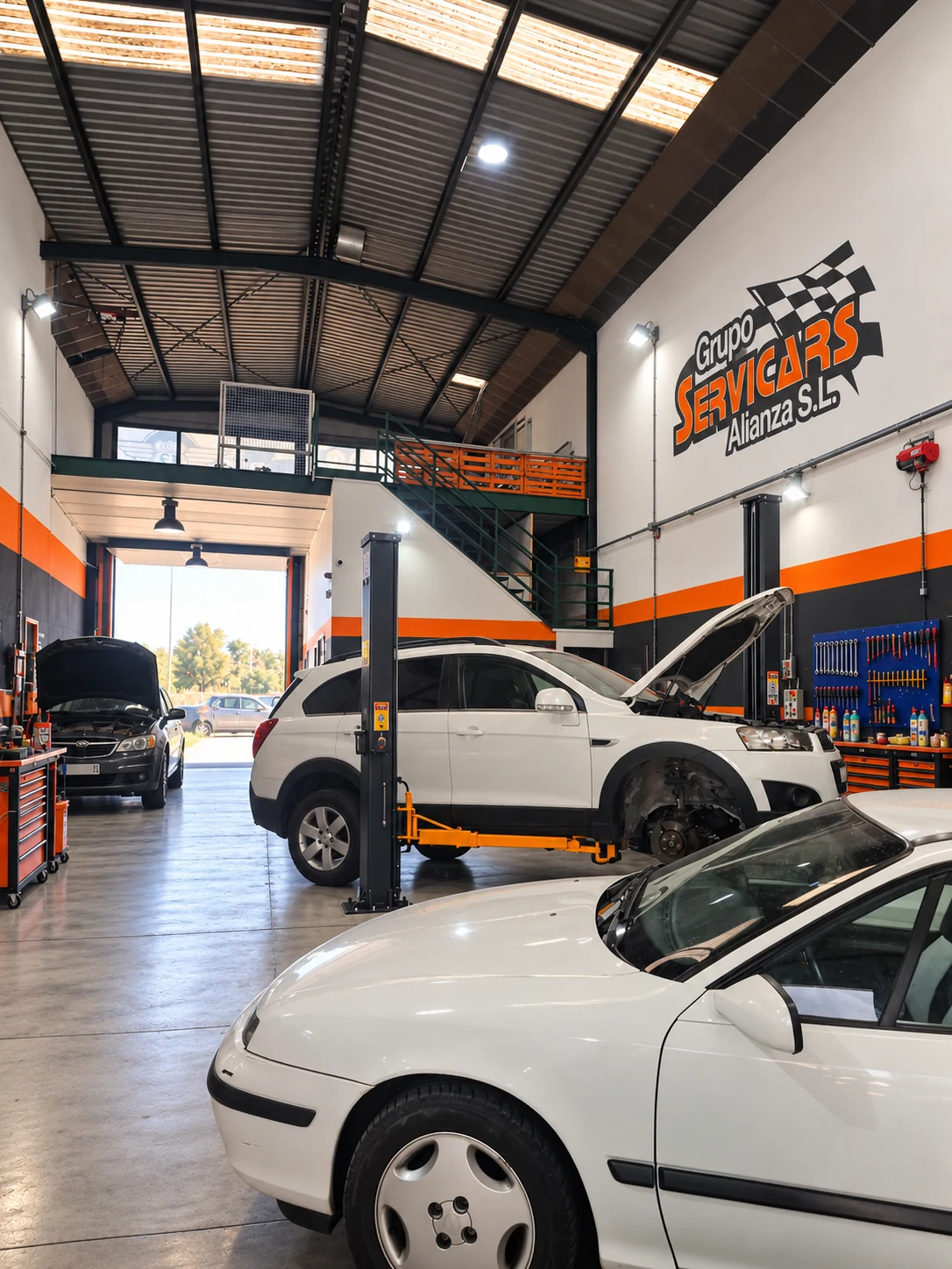 Interior de SERVICARS con elevador, SUV blanco y turismo en primer plano